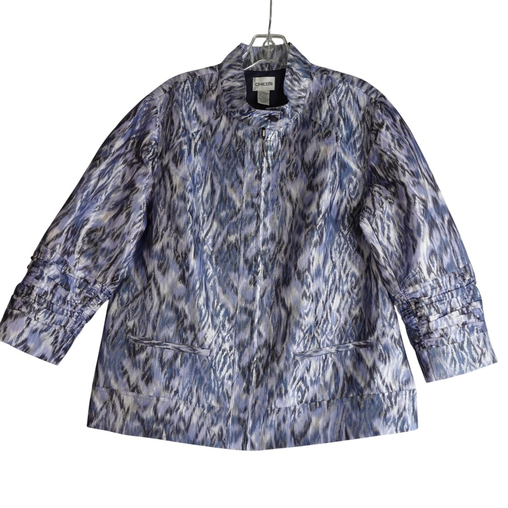 Chico's Metallic Ikat Full Zip Jacket Womens 2 Large Blue Silver Lightweight